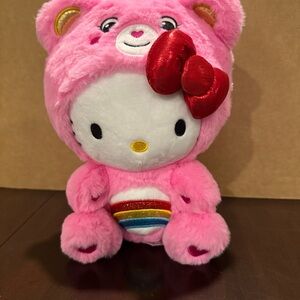 Care Bears Hello Kitty Collab Pink Plush with Rainbow and Red Bow